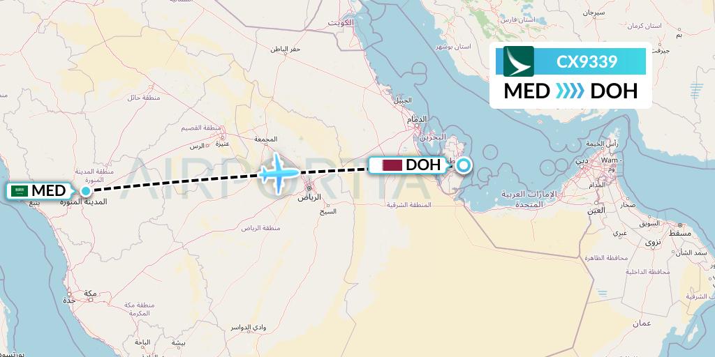CX9339 Cathay Pacific Flight Map: Medina to Doha