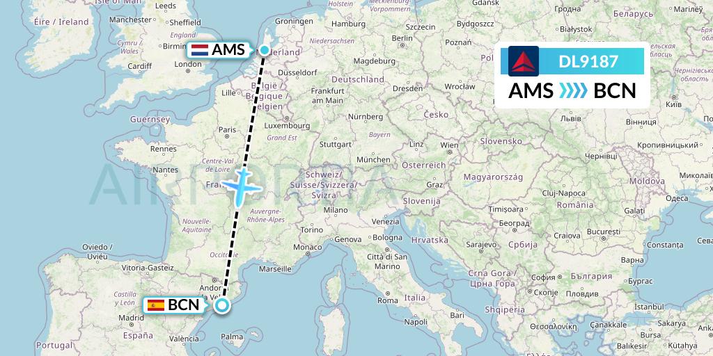DL9187 Delta Air Lines Flight Map: Amsterdam to Barcelona