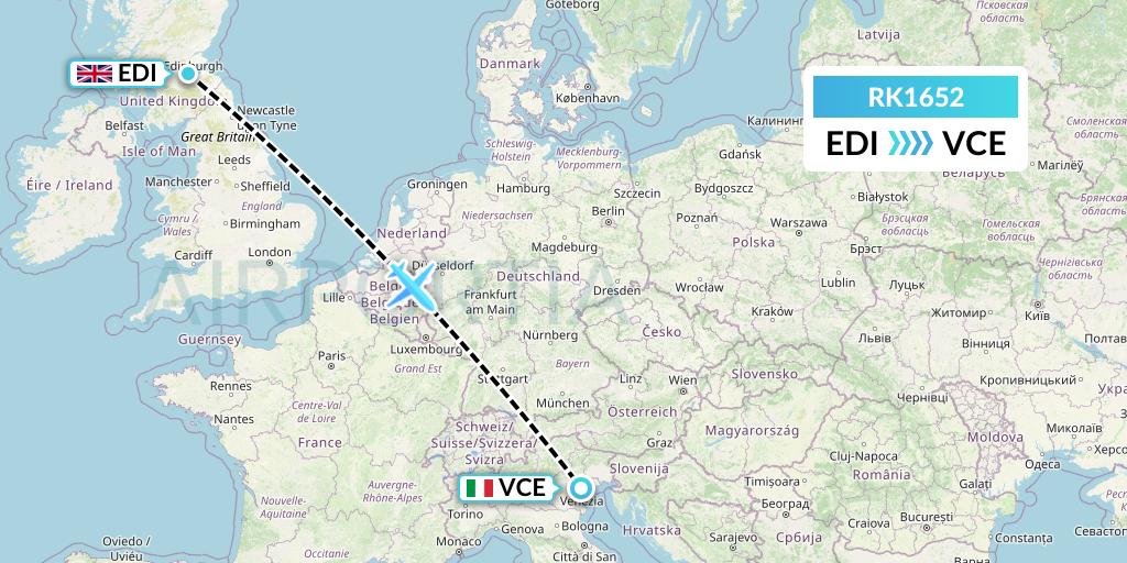 RK1652 Ryanair UK Flight Map: Edinburgh to Venice
