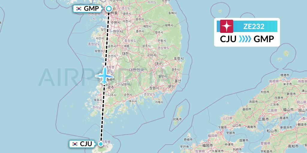 ZE232 Eastar Jet Flight Map: Jeju to Seoul