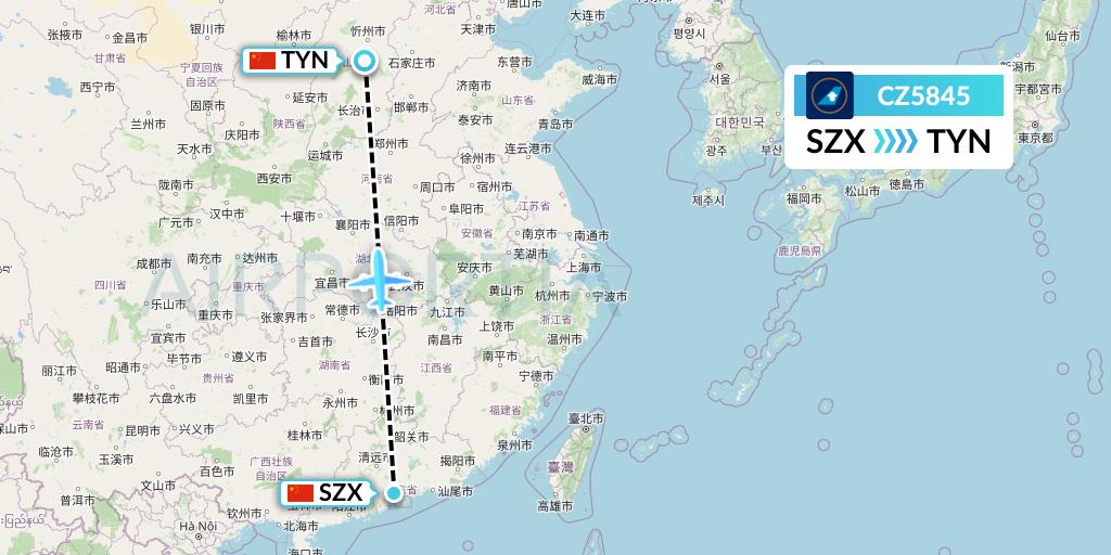 CZ5845 China Southern Airlines Flight Map: Shenzhen to Taiyuan