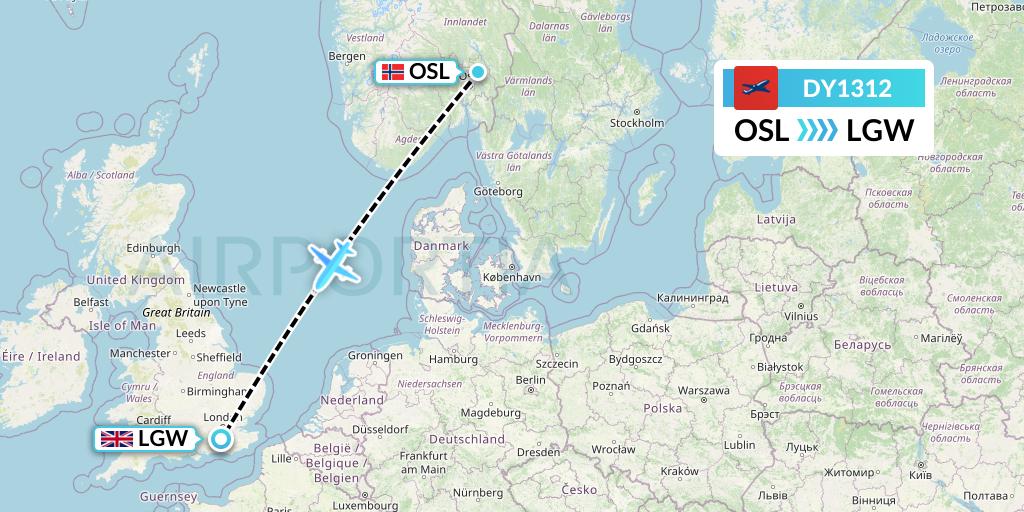 DY1312 Norwegian Flight Map: Oslo to London