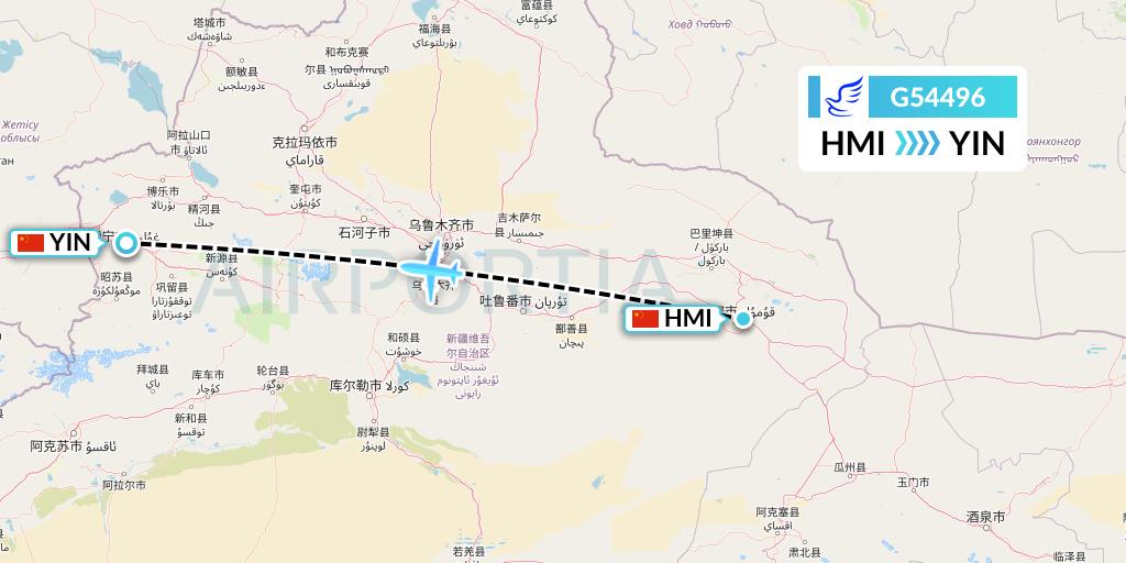 G54496 China Express Airlines Flight Map: Hami City to Yining