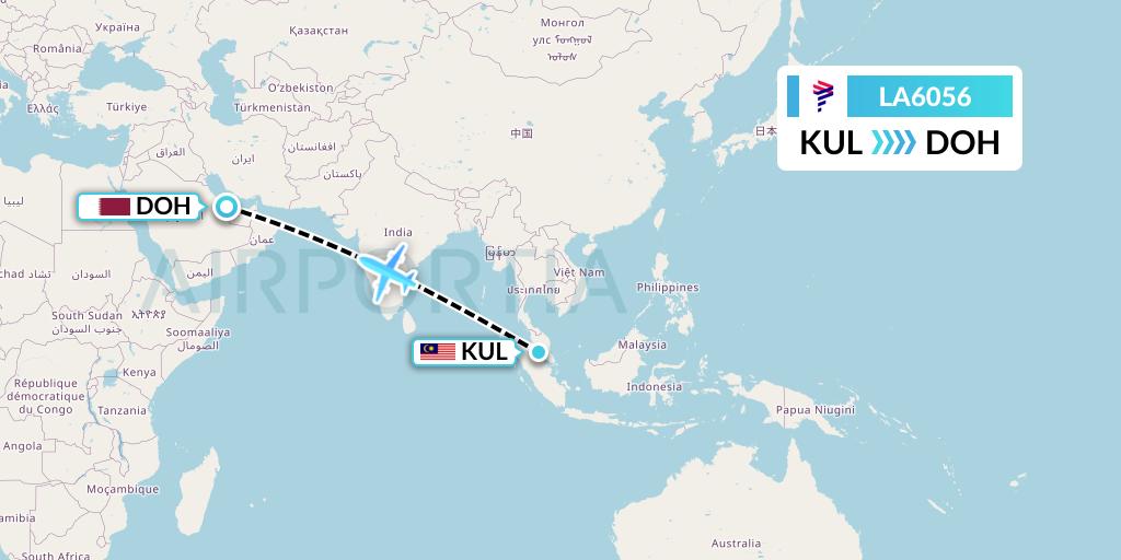 LA6056 LAN Airlines Flight Map: Kuala Lumpur to Doha