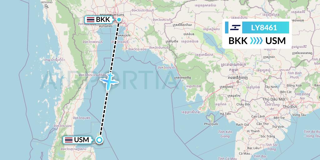 LY8461 El Al Flight Map: Bangkok to Koh Samui