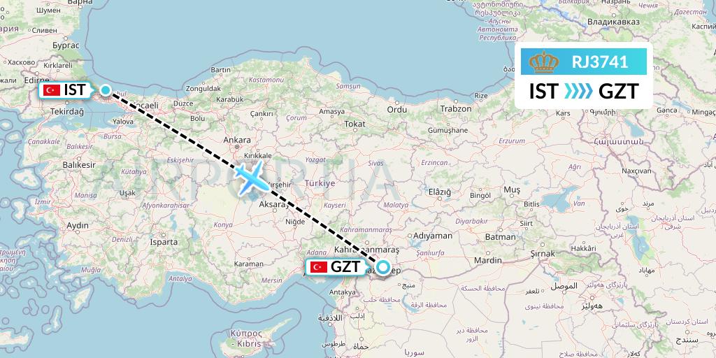 RJ3741 Royal Jordanian Flight Map: Istanbul to Gaziantep