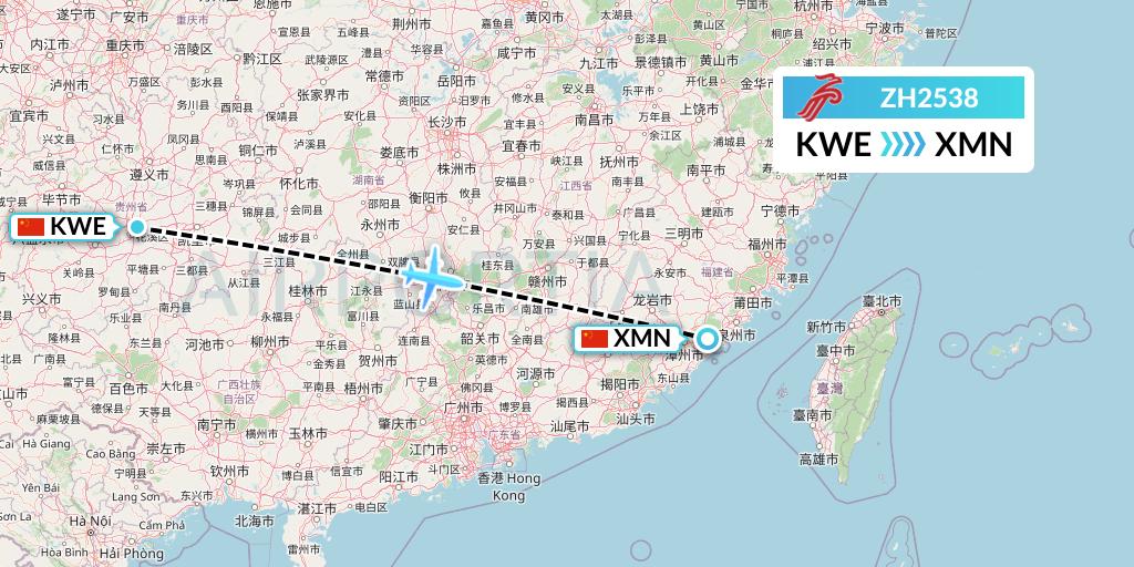 ZH2538 Shenzhen Airlines Flight Map: Guiyang to Xiamen