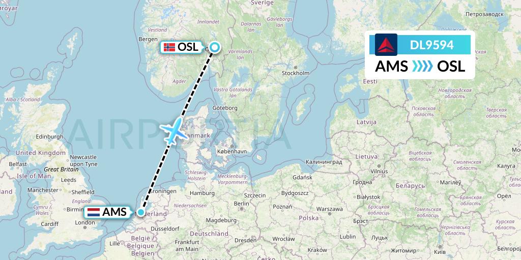 DL9594 Delta Air Lines Flight Map: Amsterdam to Oslo