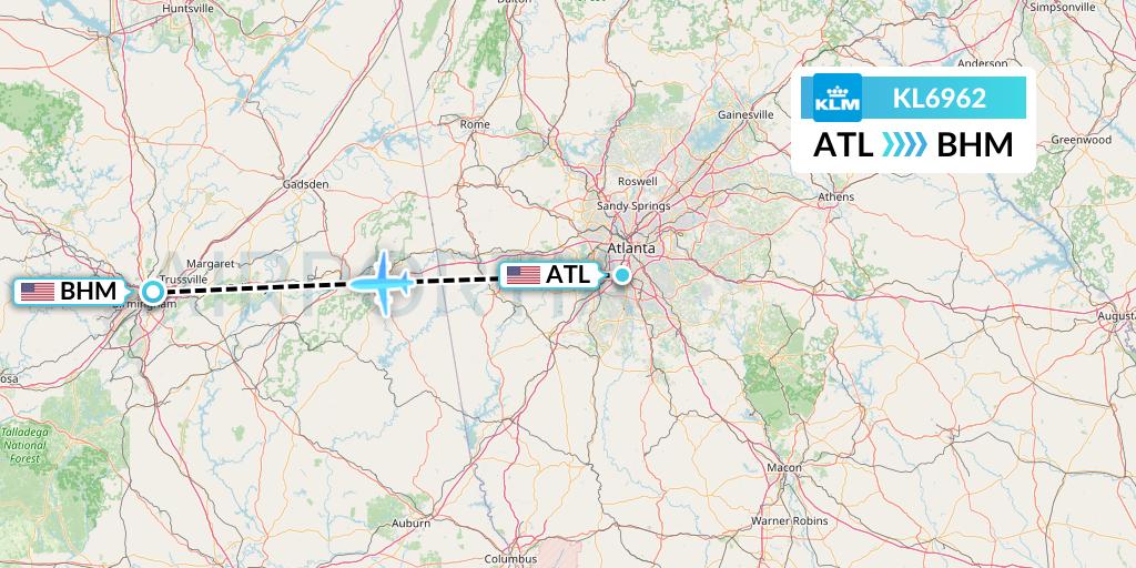 KL6962 KLM Flight Map: Atlanta to Birmingham
