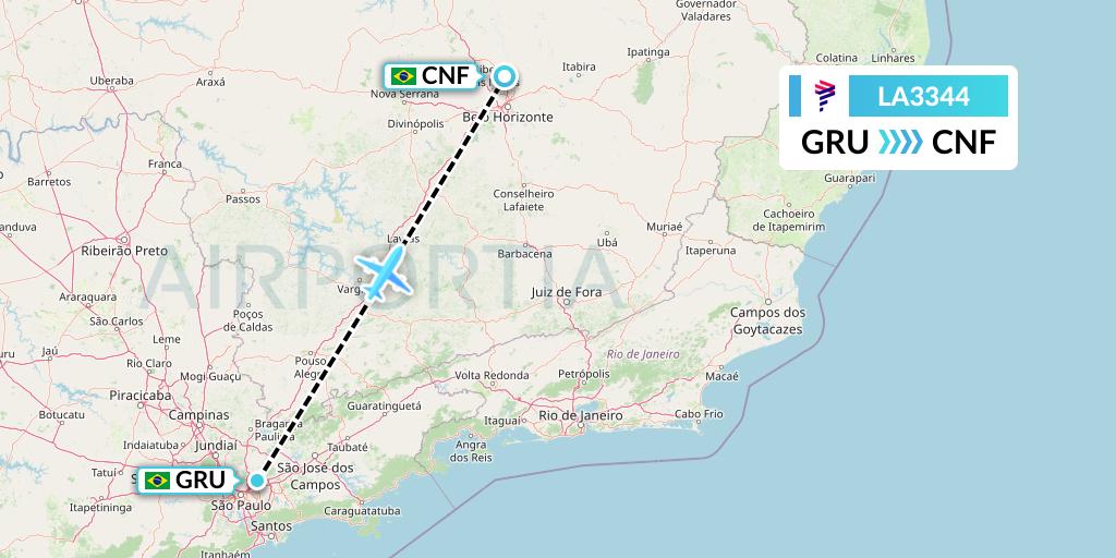 LA3344 LAN Airlines Flight Map: Sao Paulo to Belo Horizonte