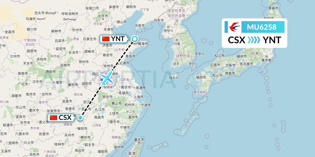 MU6258 China Eastern Airlines Flight Map: Changsha to Yantai