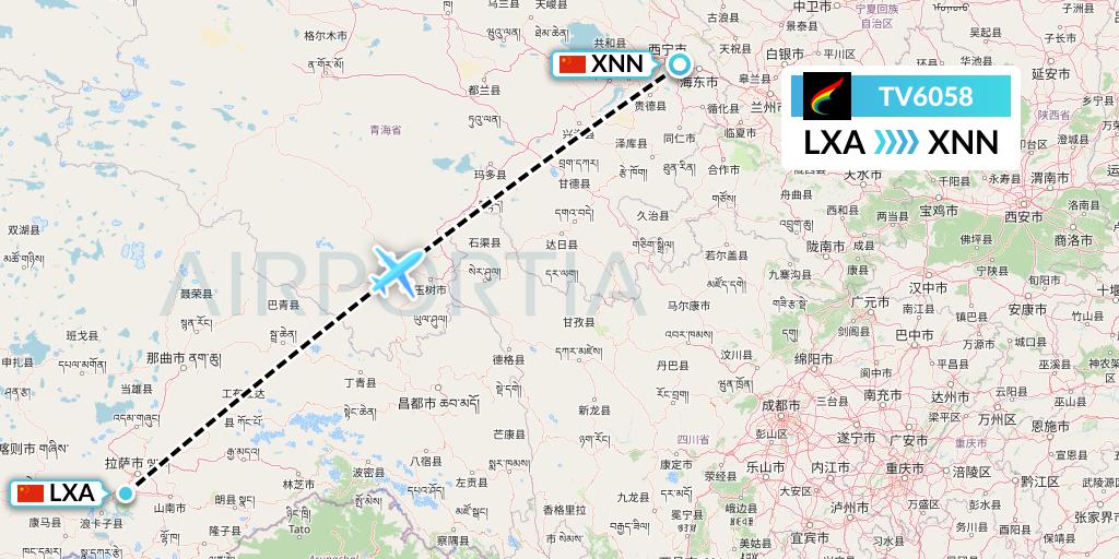 TV6058 Tibet Airlines Flight Map: Lhasa to Xining