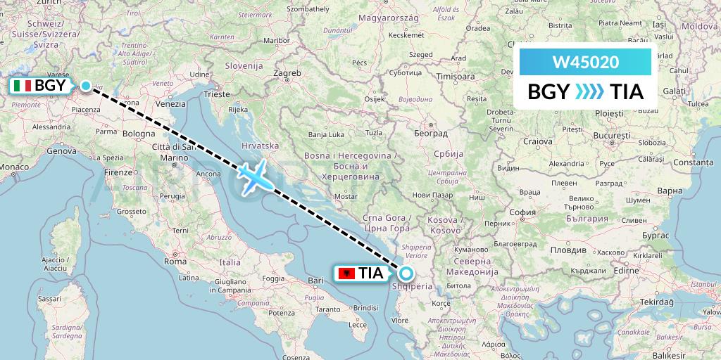 W45020 Wizz Air Malta Flight Map: Milan to Tirana