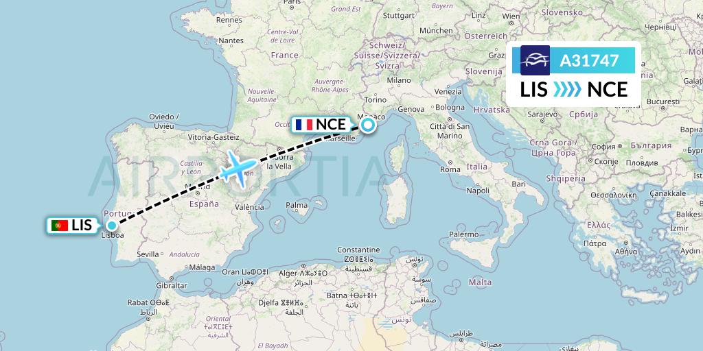 A31747 Aegean Airlines Flight Map: Lisbon to Nice