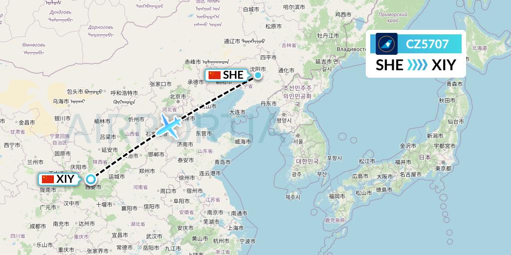 CZ5707 China Southern Airlines Flight Map: Shenyang to Xi'an