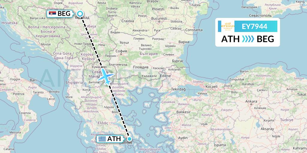 EY7944 Etihad Airways Flight Map: Athens to Belgrade