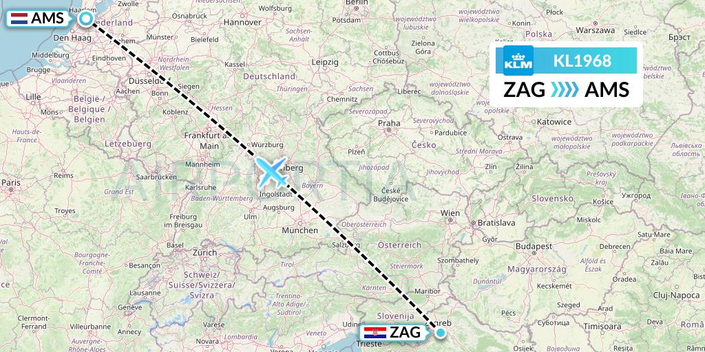 KL1968 KLM Flight Map: Zagreb to Amsterdam