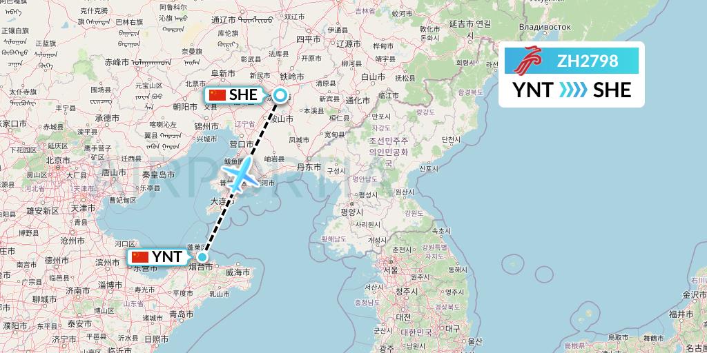 ZH2798 Shenzhen Airlines Flight Map: Yantai to Shenyang