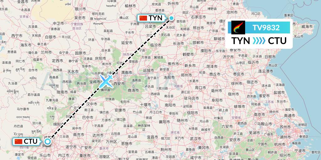 TV9832 Tibet Airlines Flight Map: Taiyuan to Chengdu