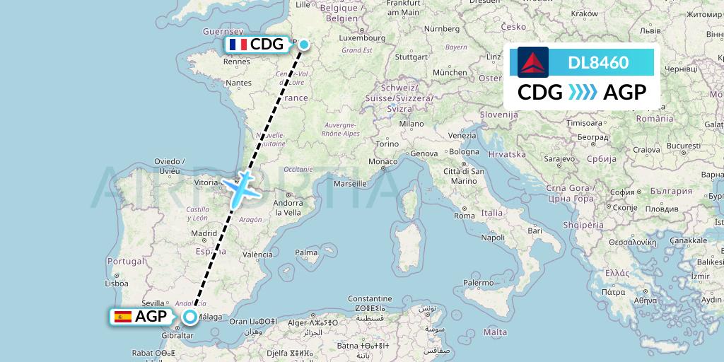 DL8460 Delta Air Lines Flight Map: Paris to Malaga