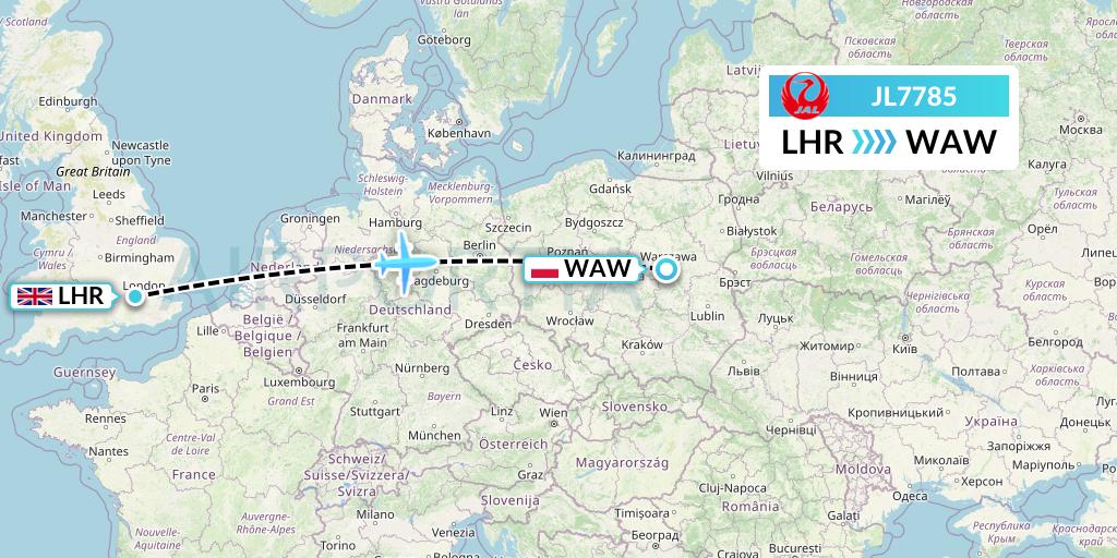 JL7785 Japan Airlines Flight Map: London to Warsaw