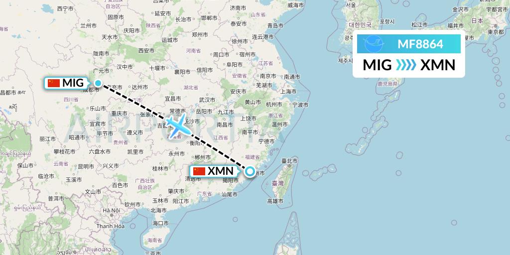 MF8864 Xiamen Airlines Flight Map: Mianyang to Xiamen