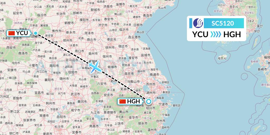 SC5120 Shandong Airlines Flight Map: Yuncheng to Hangzhou