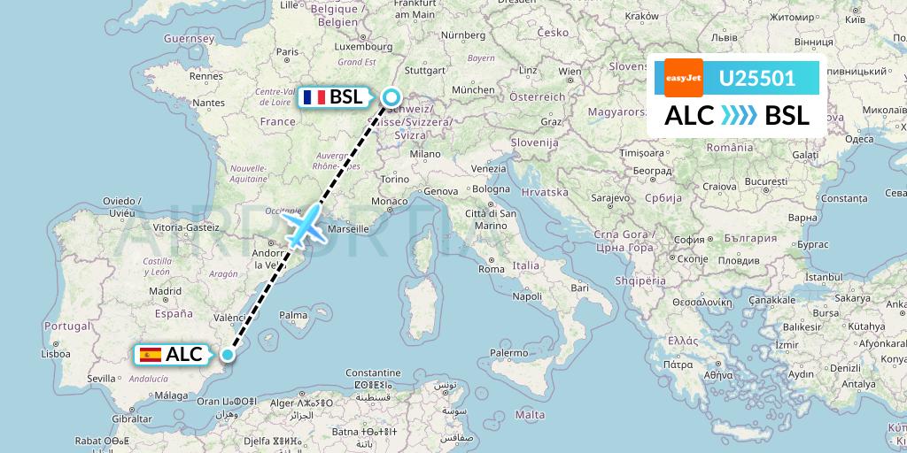 U25501 EasyJet Flight Map: Alicante to Basel