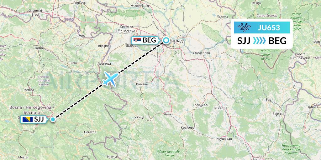 JU653 AirSERBIA Flight Map: Sarajevo to Belgrade