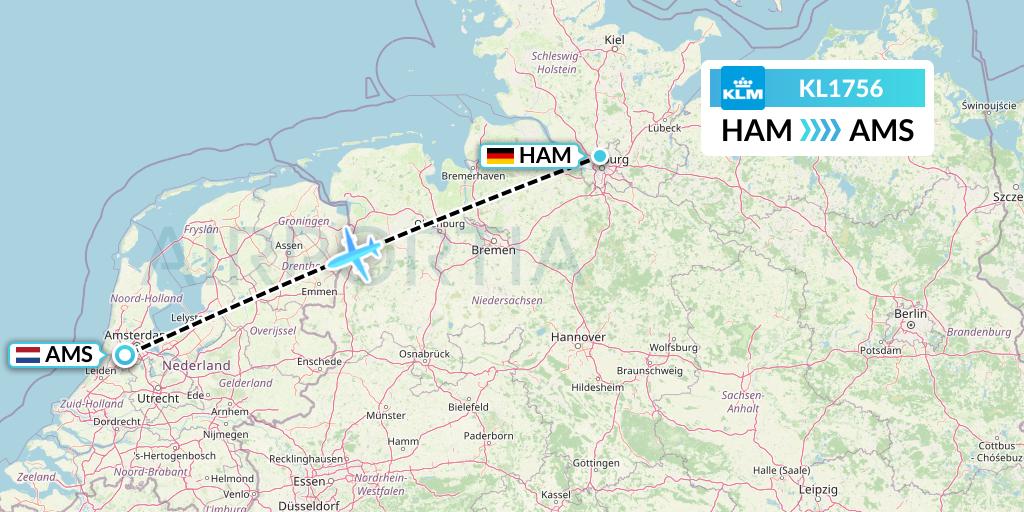 KL1756 KLM Flight Map: Hamburg to Amsterdam