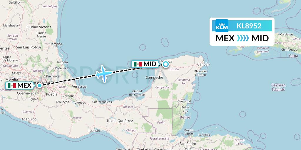 KL8952 KLM Flight Map: Mexico City to Merida