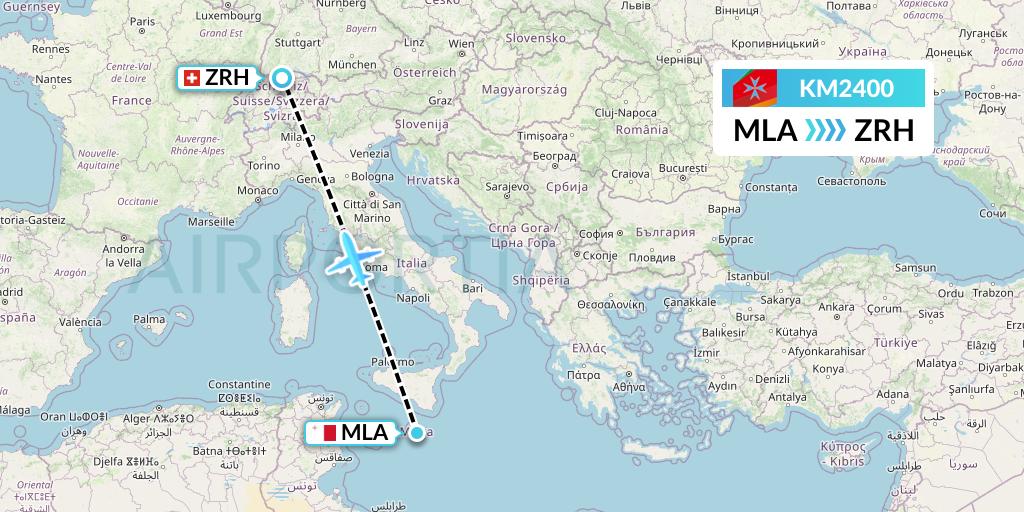 KM2400 Air Malta Flight Map: Malta to Zurich