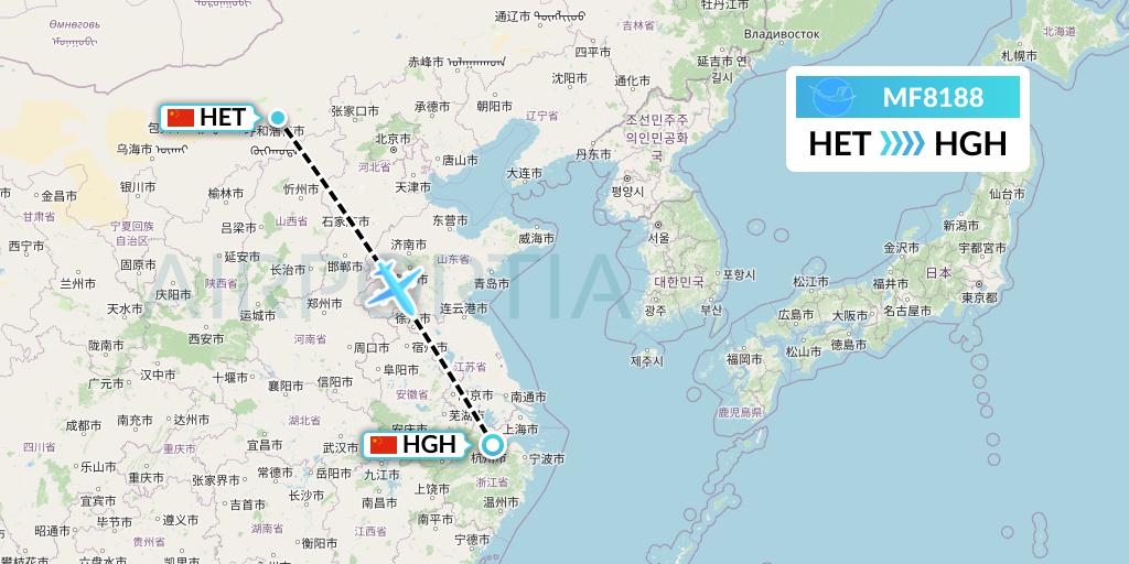 MF8188 Xiamen Airlines Flight Map: Hohhot to Hangzhou