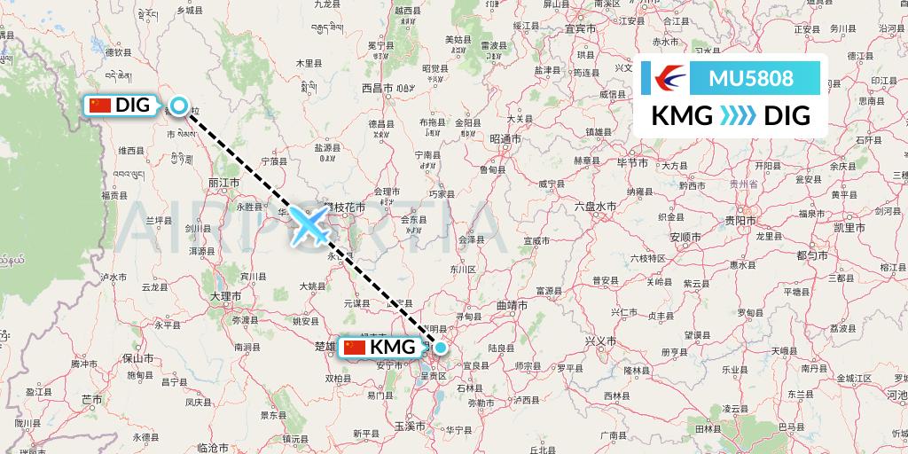 MU5808 China Eastern Airlines Flight Map: Kunming to Shangri-La