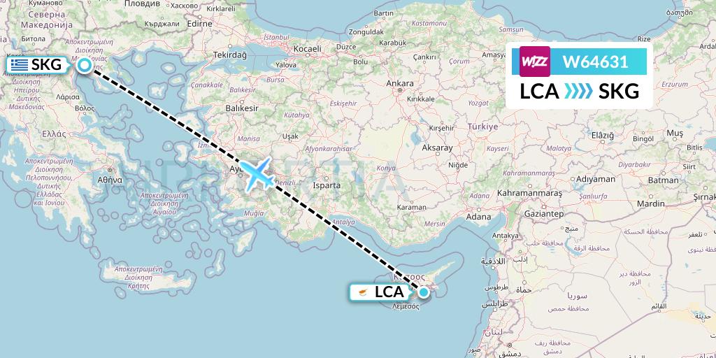 W64631 Wizz Air Flight Map: Larnaca to Thessaloniki
