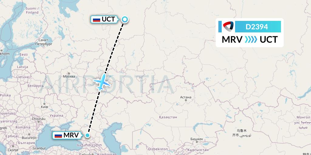 D2394 Severstal Aircompany Flight Map: Mineralnye Vody to Ukhta