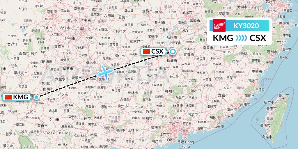 KY3020 Kunming Airlines Flight Map: Kunming to Changsha