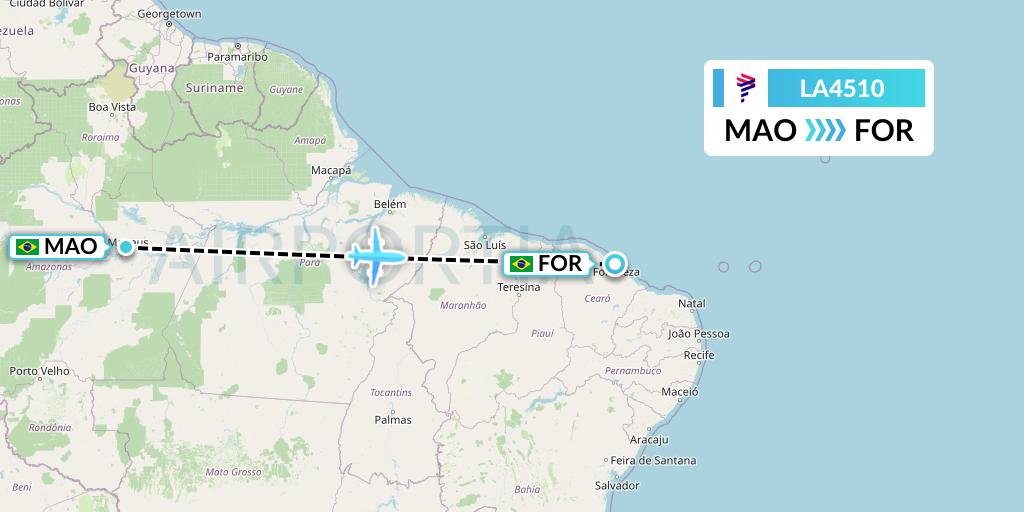 LA4510 LAN Airlines Flight Map: Manaus to Fortaleza
