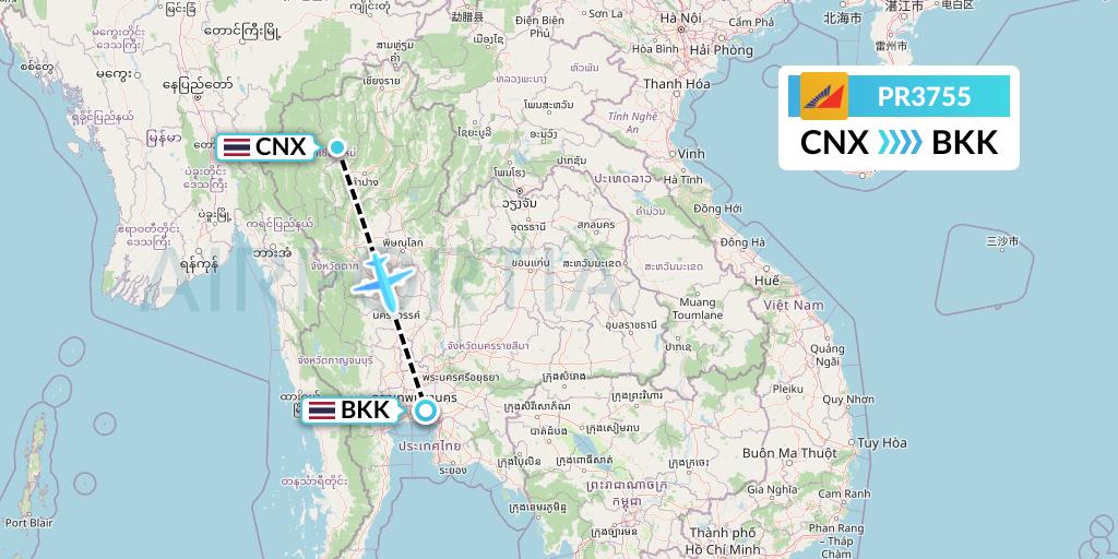 PR3755 Philippine Airlines Flight Map: Chiang Mai to Bangkok