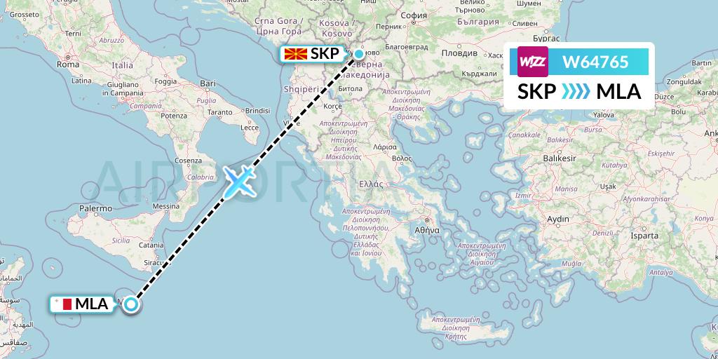 W64765 Wizz Air Flight Map: Skopje to Malta