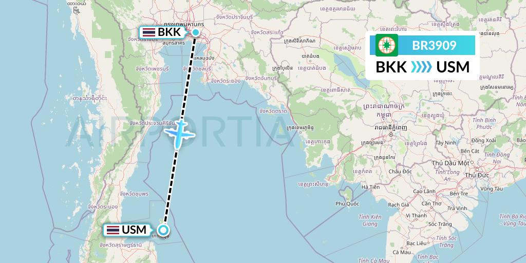 BR3909 EVA Air Flight Map: Bangkok to Koh Samui
