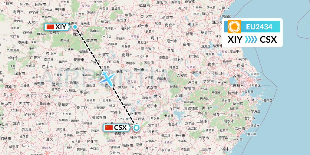 EU2434 Chengdu Airlines Flight Map: Xi'an to Changsha
