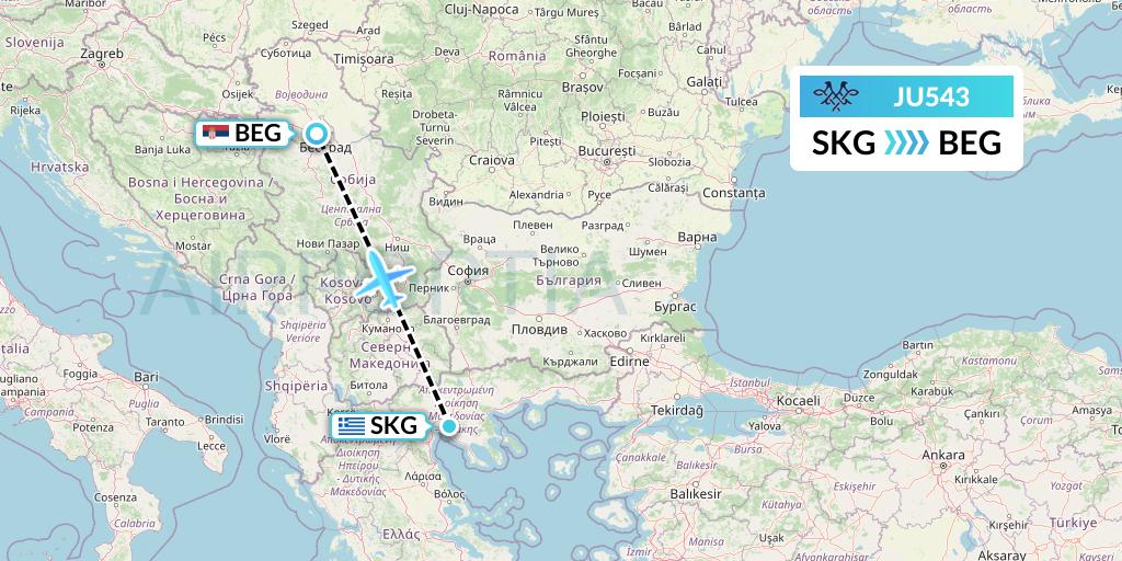JU543 AirSERBIA Flight Map: Thessaloniki to Belgrade