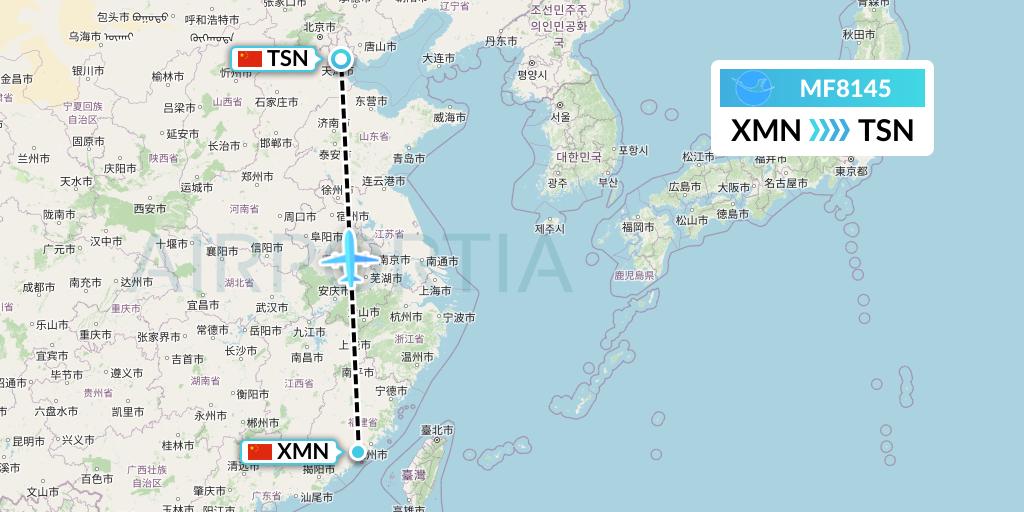 MF8145 Xiamen Airlines Flight Map: Xiamen to Tianjin