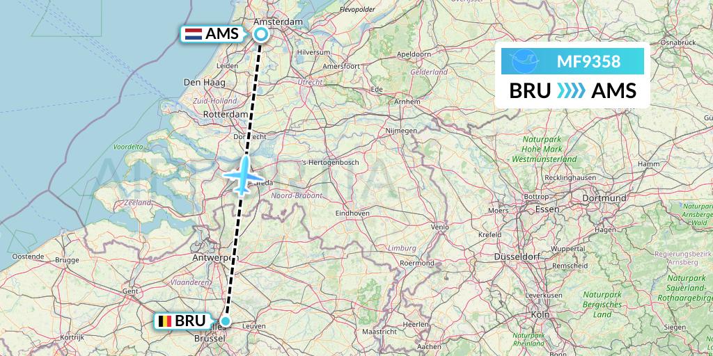 MF9358 Xiamen Airlines Flight Map: Brussels to Amsterdam