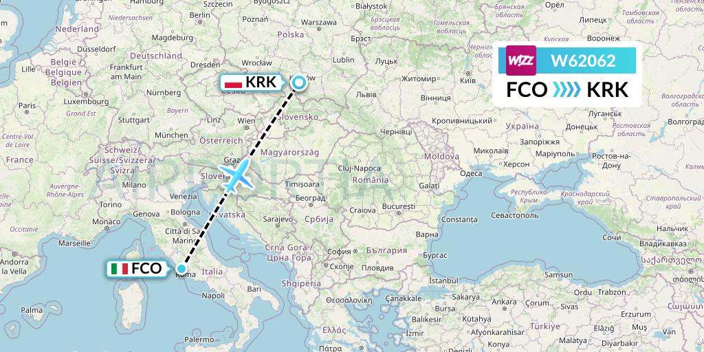 W62062 Wizz Air Flight Map: Rome to Krakow
