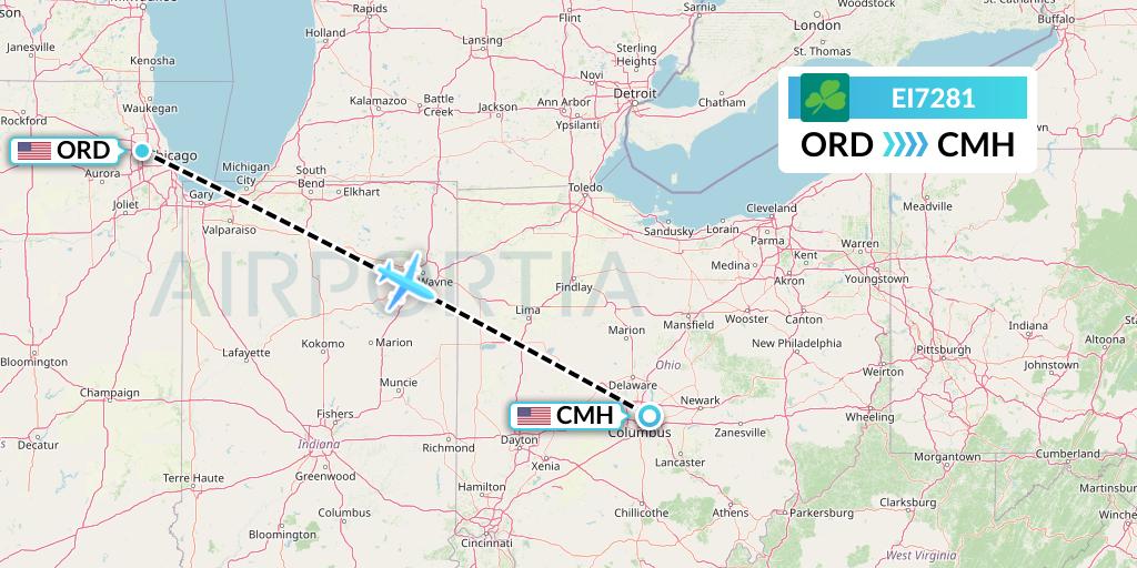 EI7281 Aer Lingus Flight Map: Chicago to Columbus