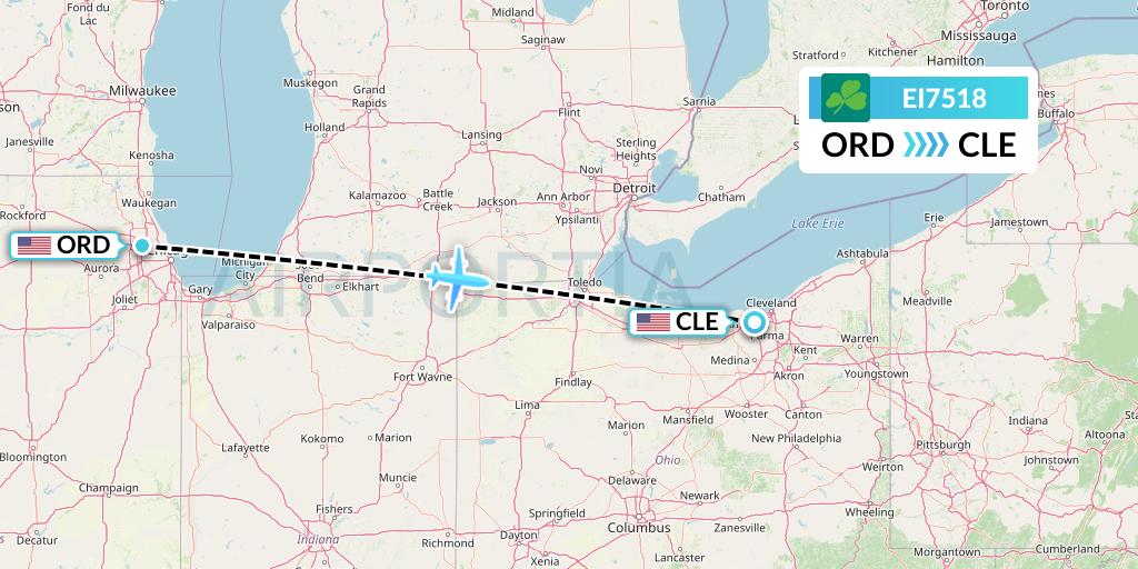 EI7518 Aer Lingus Flight Map: Chicago to Cleveland