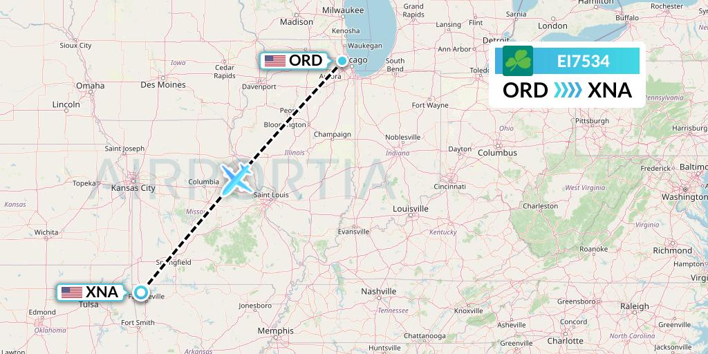 EI7534 Aer Lingus Flight Map: Chicago to Bentonville