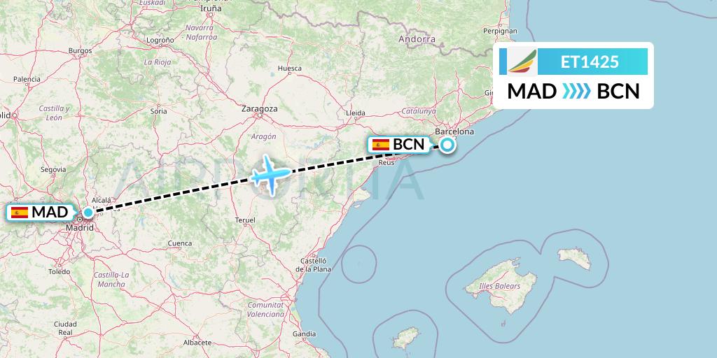ET1425 Ethiopian Airlines Flight Map: Madrid to Barcelona